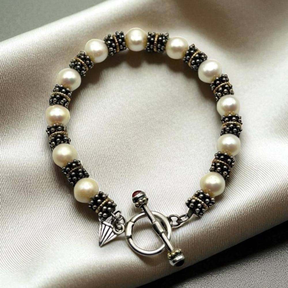 Signed Sadye Vassil 925 Sterling Silver 14K Gold Pearl Garnet Toggle Bracelet 8”
